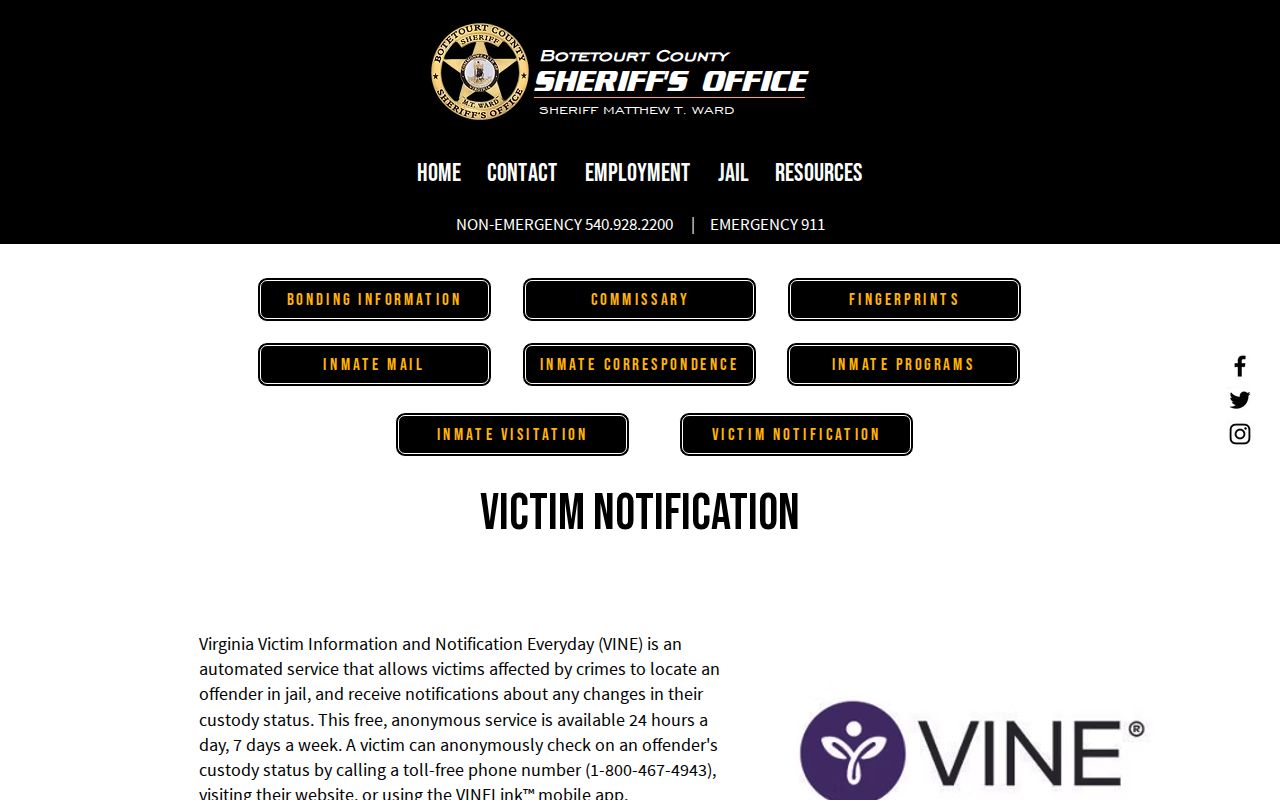 Botetourt County Jail VINE and VADOC notification boundary
