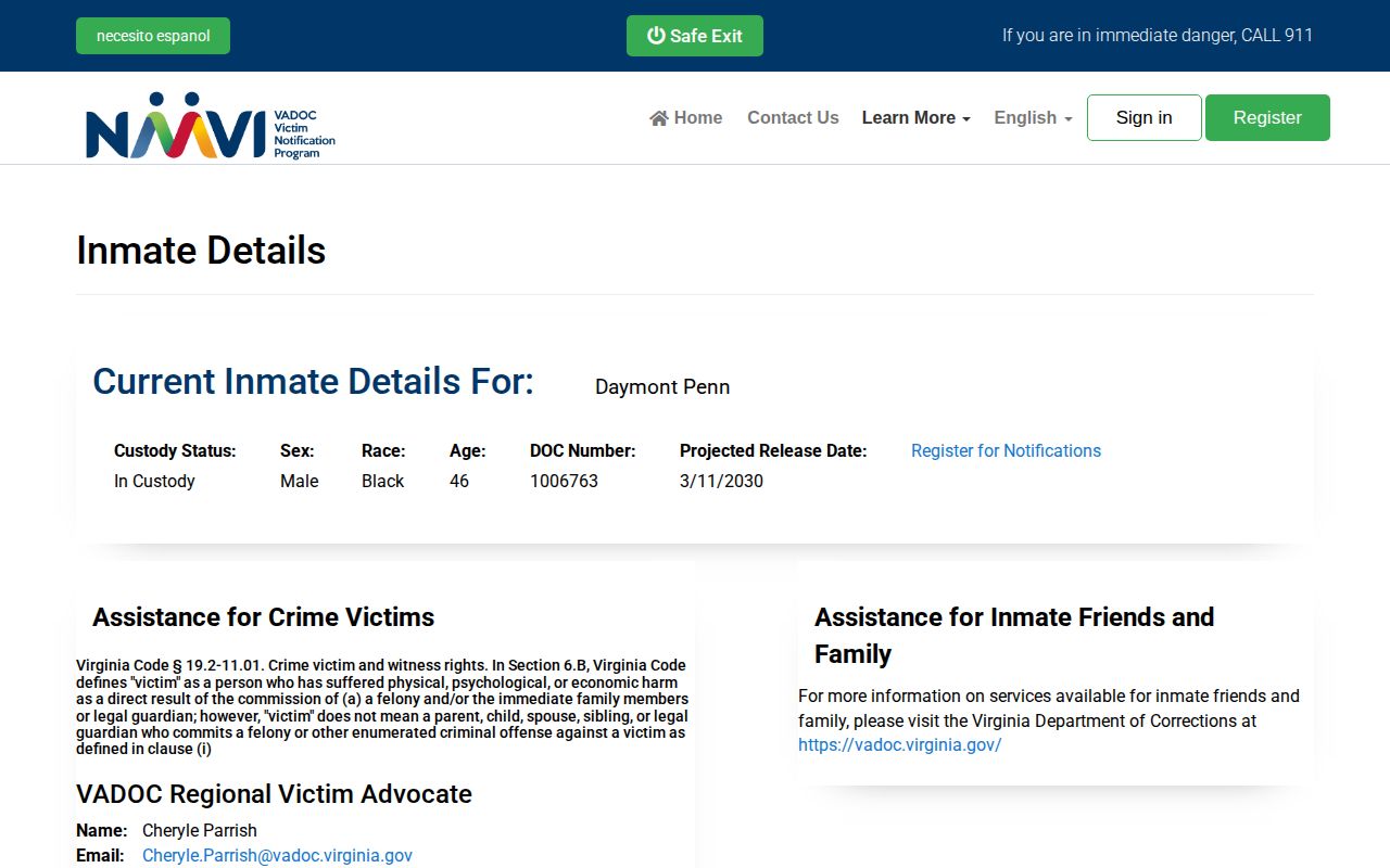 Official Virginia projected release date example for Botetourt County lookup