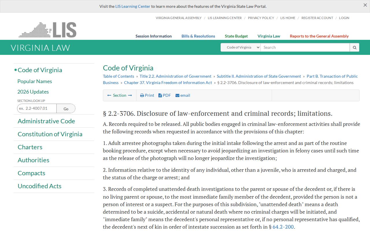 Virginia adult booking photo disclosure rule for Botetourt County records