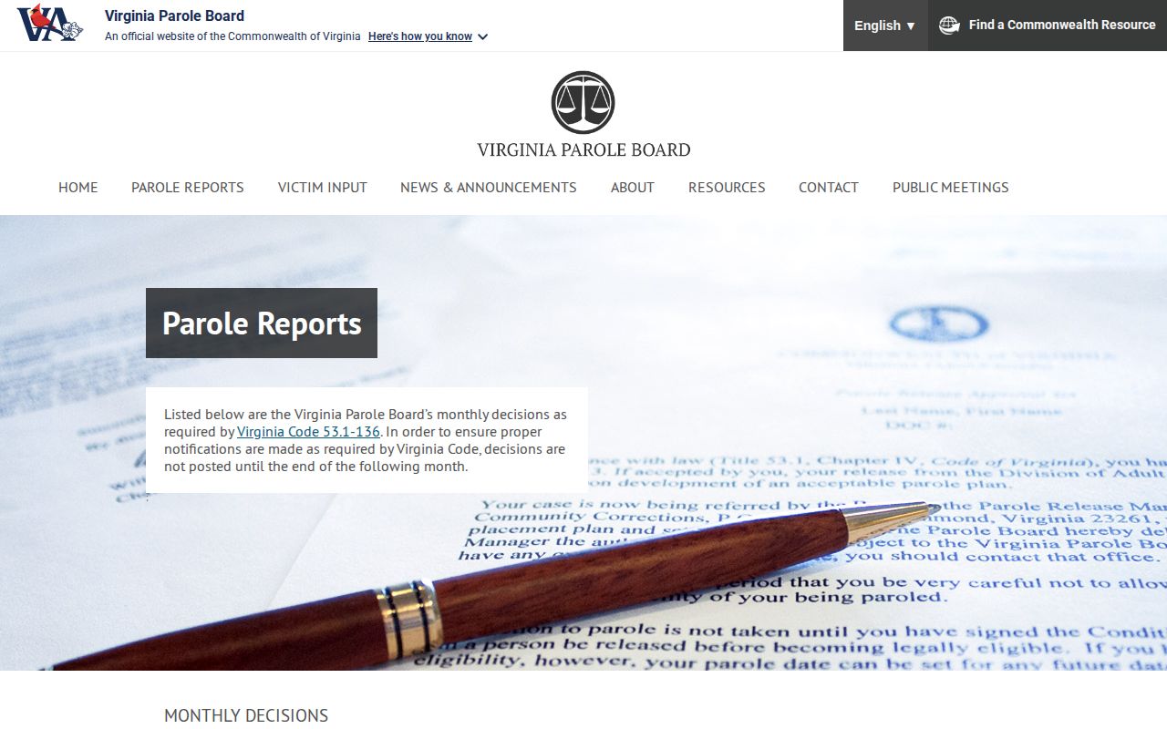 Virginia Parole Board reports used for Botetourt County parole decisions